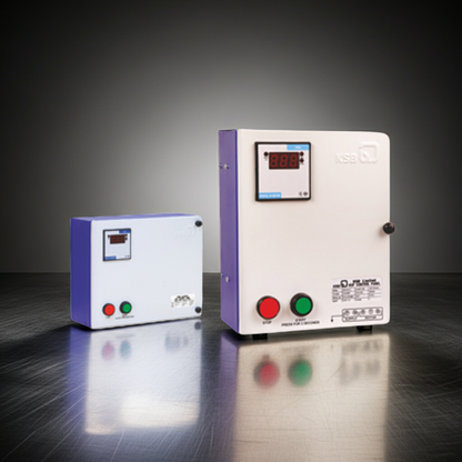 Front view of KSB KGP-LP 15 Single Phase Pump Control Panel showing start-stop buttons and digital meter