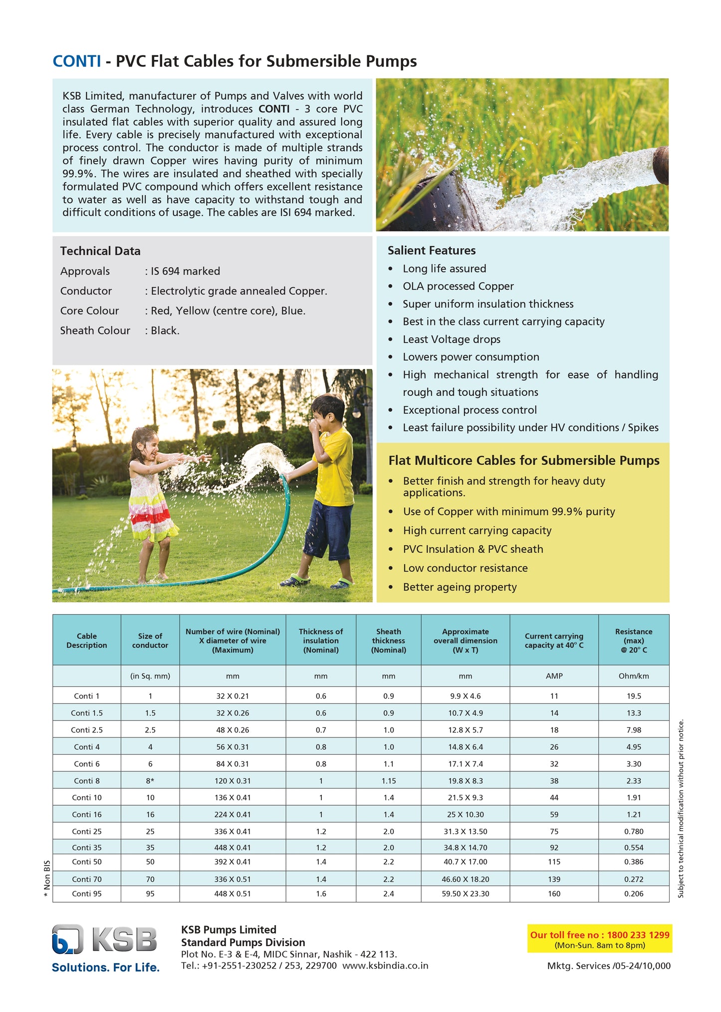 KSB Conti Cable technical specifications table showing size variants from 1mm to 95mm sq. mm and current carrying capacity