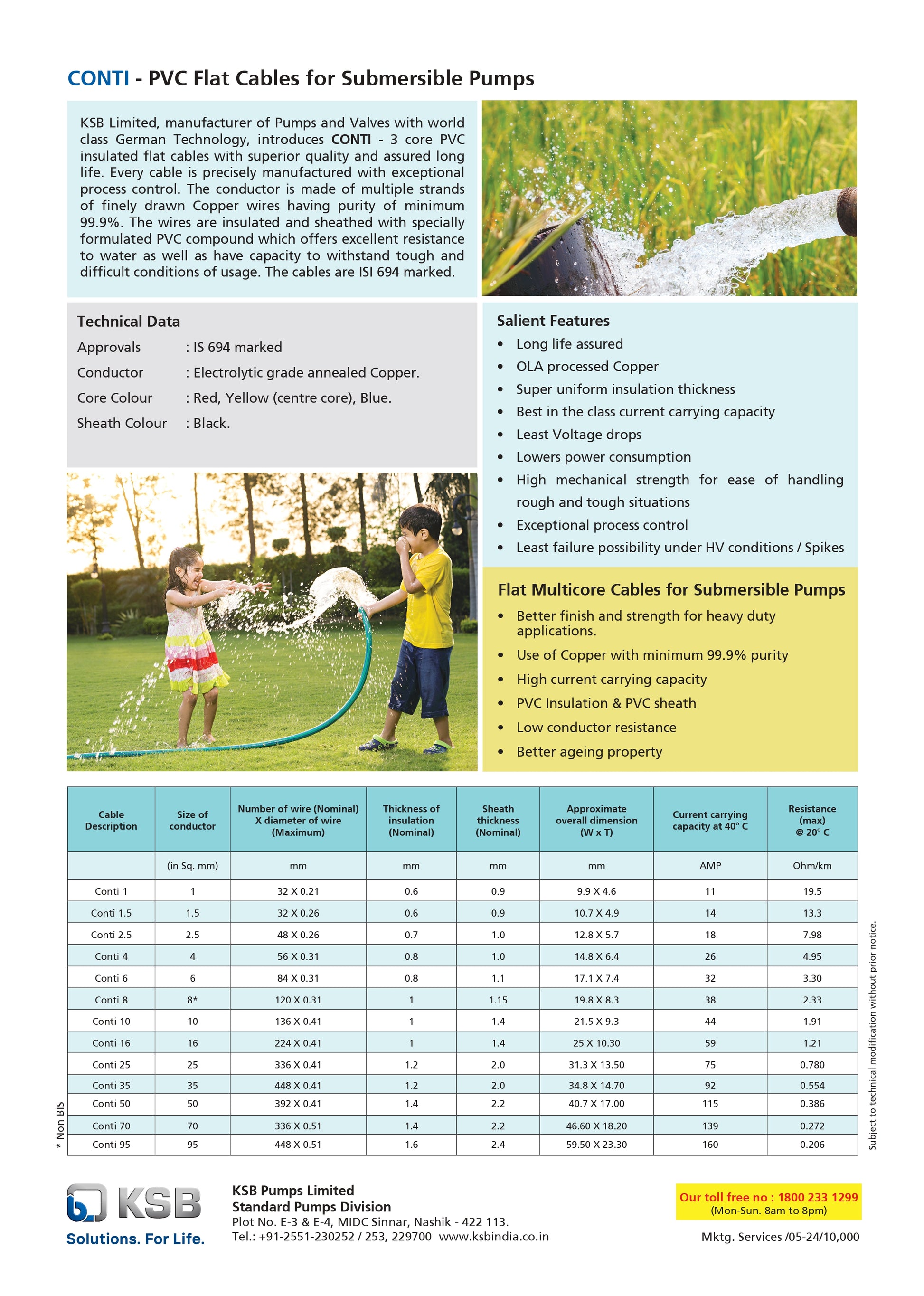 KSB Conti Cable technical specifications table showing size variants from 1mm to 95mm sq. mm and current carrying capacity